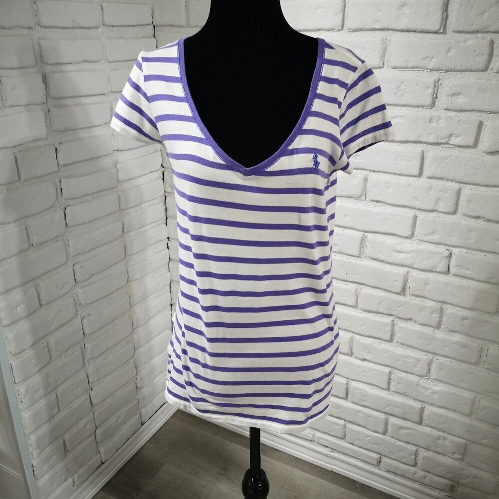 Ralph Lauren Sport Ladies Size Large Purple & White Striped Short Sleeve T-shirt